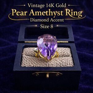 Vintage 14K gold ring with huge pear cut amethyst and accent diamond size 8